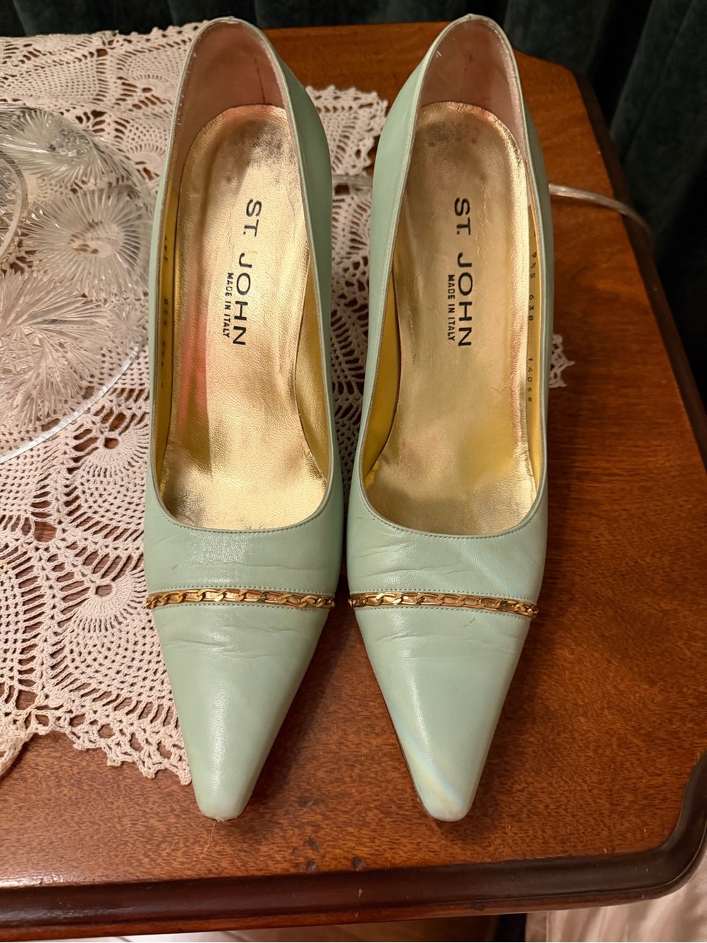 St. John Mint Green Pointed Toe Pumps with Gold Chain Accent